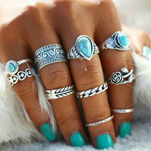3/$30 Boho Turquoise Silver 10 Ring Set - Picture 2 of 5